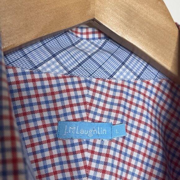 J McLaughlin Button Up Microplaid Shirt Red White Blue Mens L Preppy Americana - Picture 4 of 8